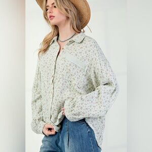 Easel Floral Button-Up Blouse - Cream and Green